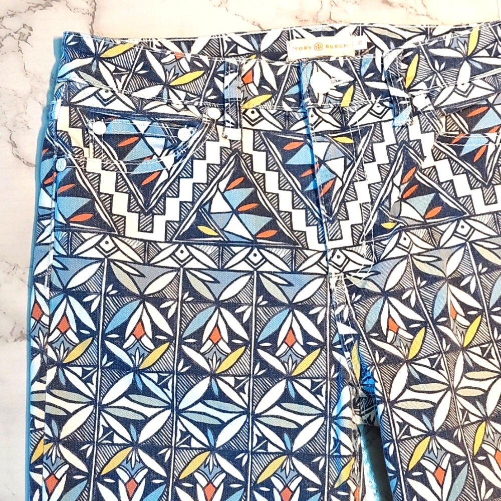 Tory Burch Colorful Geometric Print Ankle Jeans, Size 27 - Picture 2 of 7